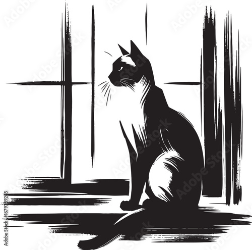 Elegant Black Cat Silhouetted by a Window: Artistic Monochrome Illustration of Feline Beauty