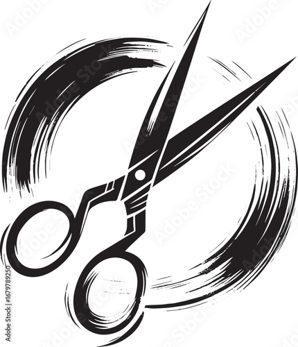 Stylized dressmaker scissors icon in expressive ink wash, tailor