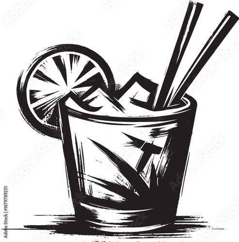 Elegant sumi-e illustration of Caipiroska cocktail with a minima