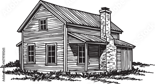 Detailed woodcut illustration showcasing a rural house isolated