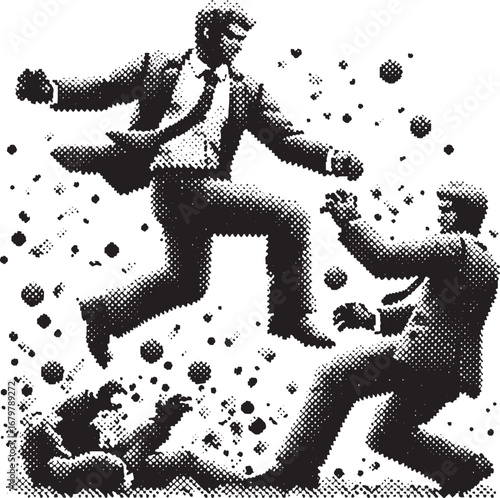 Businessmen struggling, overcoming obstacles, resilience and success in abstract graphic