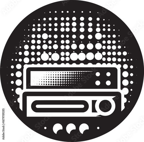 Modern Audio Receiver Icon Design in Black and White with Abstract Dotted Background
