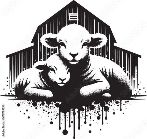 Black and White Illustration of Two Lambs Resting in Front of a Barn
