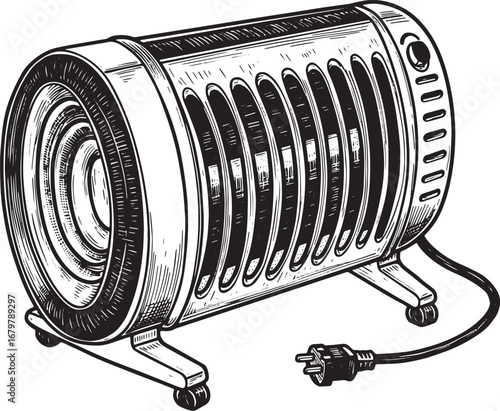 Vintage Electric Heater Illustration in Detailed Woodcut Style o