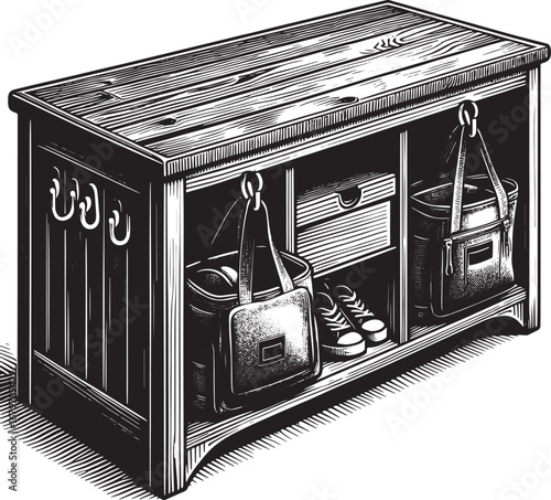 Detailed illustration of a wooden storage bench with hooks, bags, and shoes depicted inside