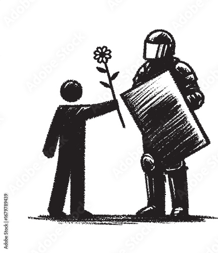 Symbolic Depiction of Peace and Protest: A Person Offers a Flower to a Riot Policeman