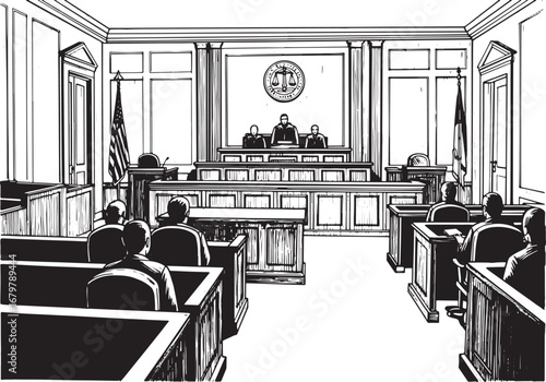 Intricate Woodcut Style Illustration Depicting a Trial Courtroom