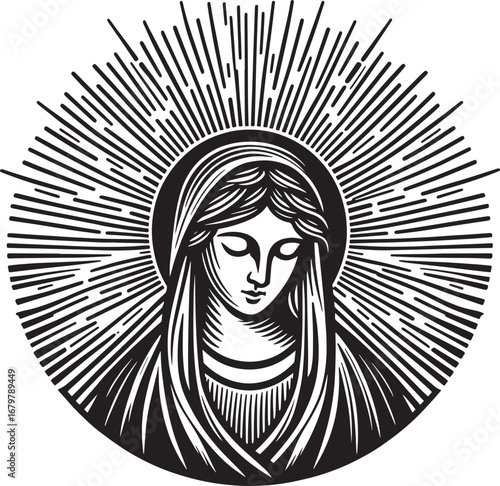 Black and White Illustration of Virgin Mary with Halo Radiating Light, Religious Art