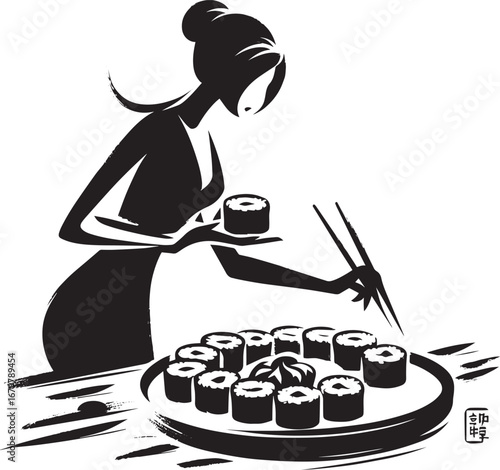 Elegantly depicted woman serving sushi in a monochromatic minima
