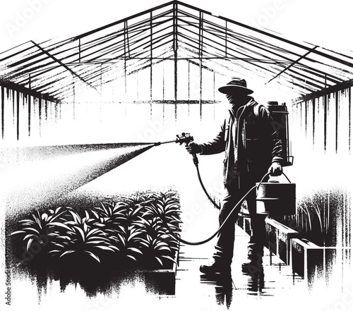 Sumi-e illustration: A man tending plants with water mist in a g