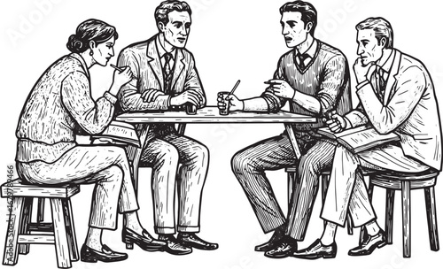 Monochrome Illustration: Four Colleagues in a Meeting, Deep in T