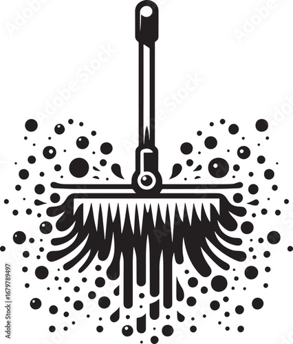 Monochrome illustration of a cleaning tool creating bubbles and water droplets in a cleaning concept