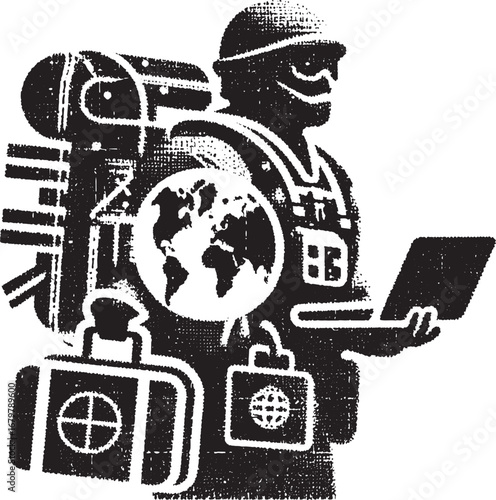 An illustration of a traveler with a world map, a laptop, and luggage: global exploration concept
