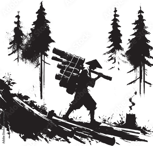 Sumi-e illustration of a woodsman carrying logs through a misty