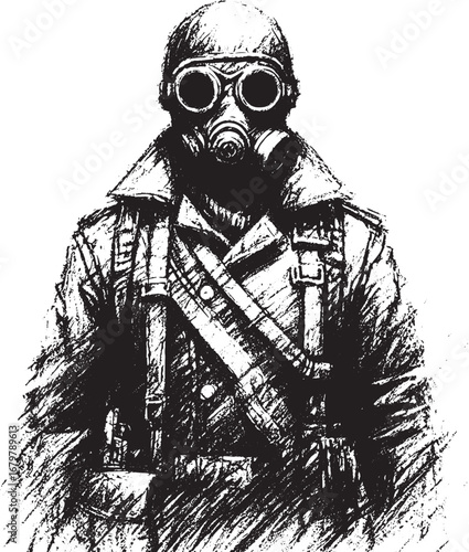Detailed Black and White Illustration of a Person Wearing a Gas Mask and Military Uniform