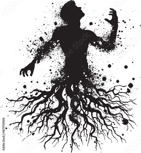 Conceptual Illustration of a Person Transforming into Roots with Abstract Splatter Effect
