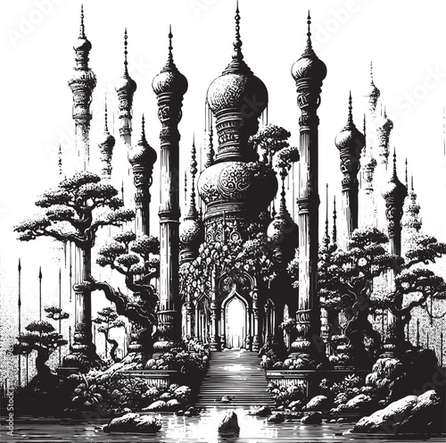 Intricate Black and White Illustration of an Ornate Eastern Palace with Bonsai Trees