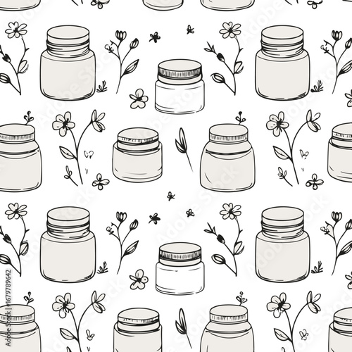 Minimal seamless pattern of face cream jars and flowers, doodle black outline design 3