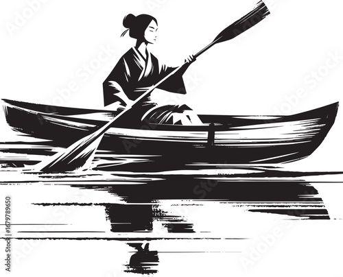Serene journey: Woman paddles canoe in minimalist sumi-e illustr