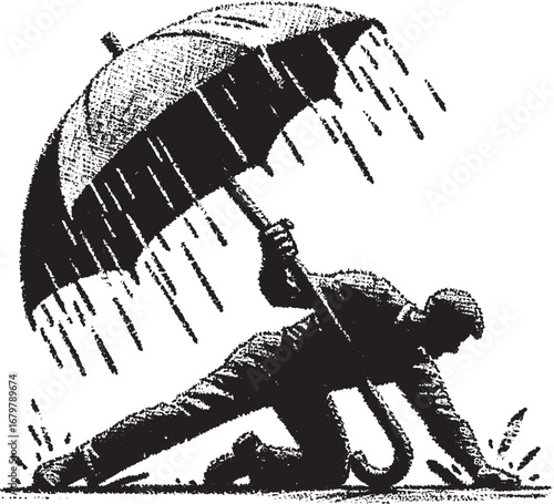 Illustration of a person struggling against the rain, using an umbrella for shelter