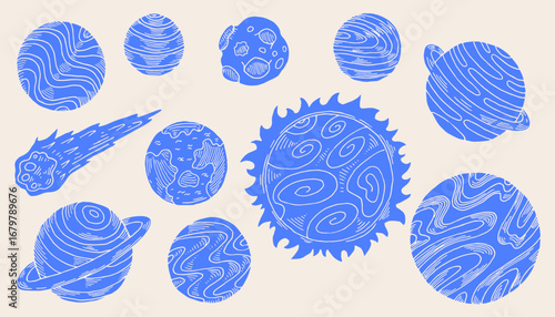 Planets and space set sketch. Drawing collection in linocut style.