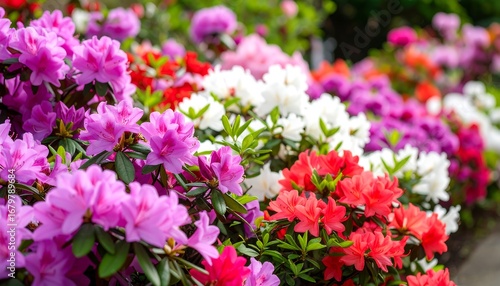 Vibrant display of azaleas in various shades of pink, red, and white, showcasing a beautiful spring garden scene.