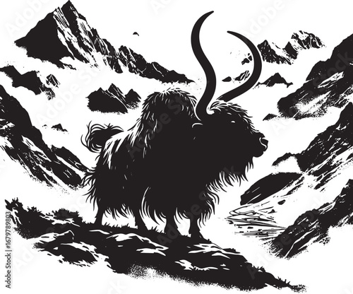 Black and white illustration of a yak in a mountainous landscape environment scene illustration