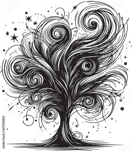 Intricate black and white abstract art of a swirling tree with stars and celestial elements