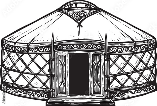 Stylized monochrome illustration of a yurt, evoking traditional