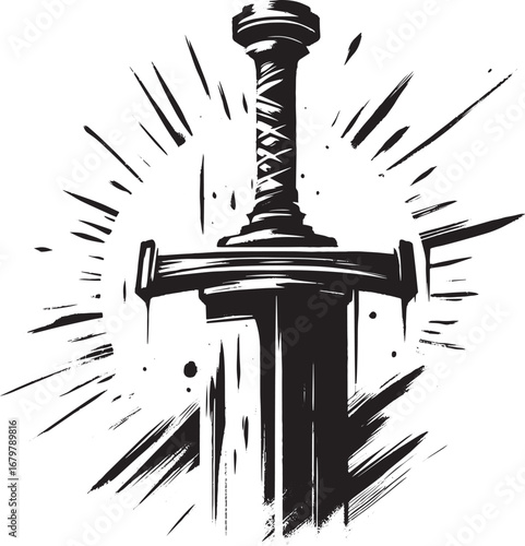 Monochrome brushstroke of a medieval claymore with dynamic energ
