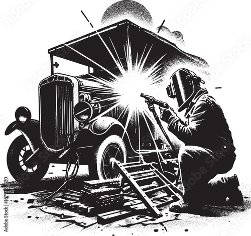 Black and white illustration of a welder repairing an old vintage car using welding equipment