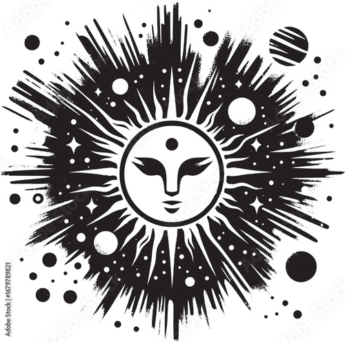 Monochromatic solar deity brushwork icon with celestial bodies a