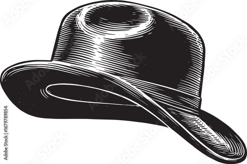 Monochrome Woodcut Style Illustration of a Classic Fedora Hat on