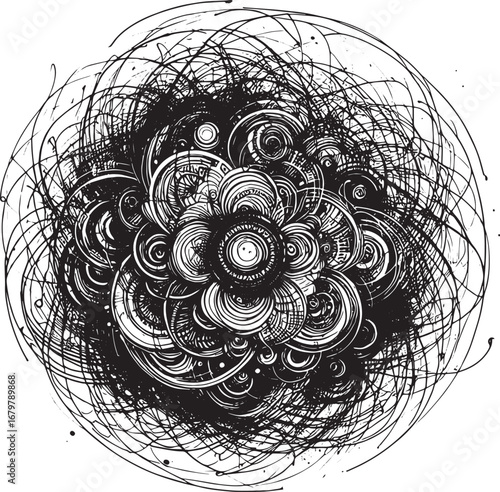 Intricate black and white abstract art with spiraling lines and circular patterns in a design