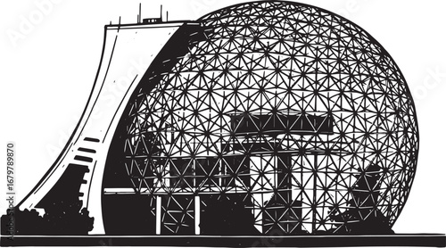 Monochrome woodcut illustration of geodesic dome with architectu