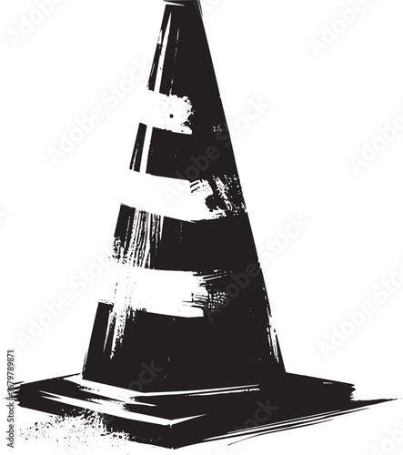 Monochrome construction cone icon with gestural brushstrokes and