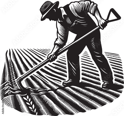Illustration of a Farmer Working in a Field Using a Hoe for Agriculture and Cultivation