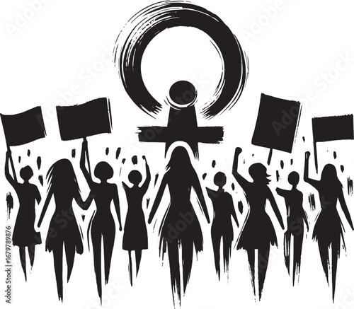 Empowered women march silhouette with protest signs and feminist