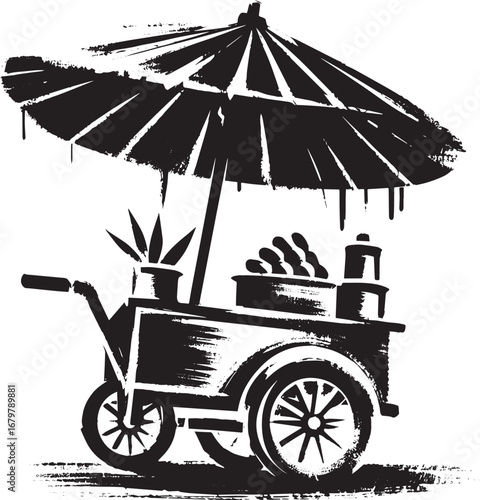Monochrome sumi-e style food cart illustration with umbrella in