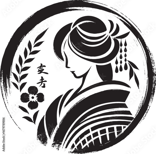 Elegant Geisha Silhouette in Minimalist Sumi-e Style Brushwork D