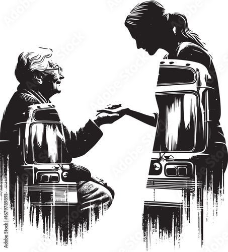 Illustration of Elderly Woman in Wheelchair Receiving Support from a Caregiver Silhouette