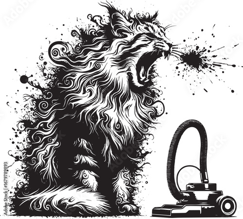 Artistic Illustration of a Cat Sneezing with a Vacuum Cleaner, Black and White Design