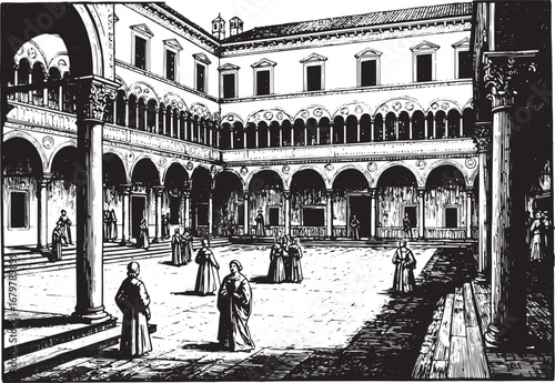 Detailed Woodcut Illustration of a Renaissance Courtyard with Ar