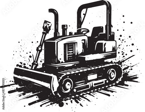 Monochrome Sumi-e Style Illustration of a Trenching Machine in B