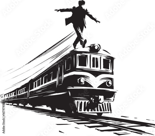 Dramatic balance art: Silhouette of a man atop a speeding locomo