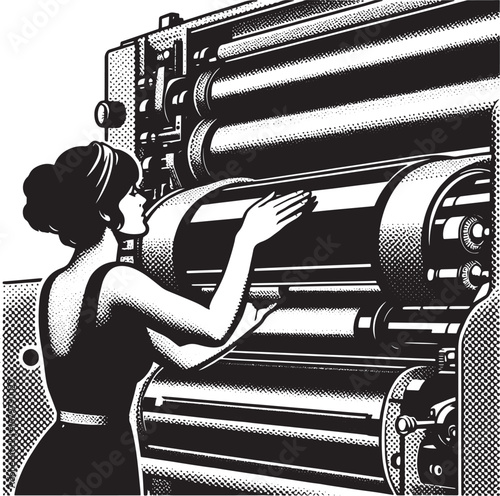 Vintage Illustration of a Woman Operating an Antique Printing Press, Monochrome Artwork