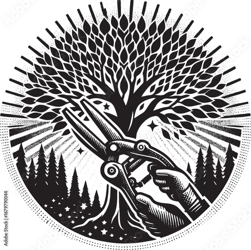 Artistic illustration of a hand holding pruning shears with a tree and forest in a circle