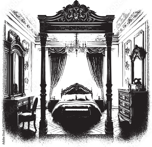 Elegant illustration of a vintage bedroom interior with luxurious furniture and design