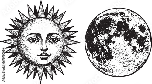 Engraved Celestial Duo: Sun and Moon Detailed Black and White Il