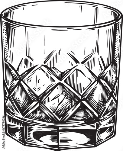 Elegant Black and White Engraving of an Old Fashioned Whiskey Gl
